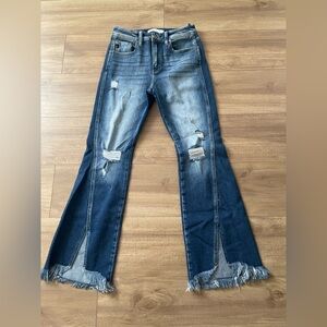 KanCan Dark Blue Distressed Flare Jeans With Cute Slit Detail Size 27